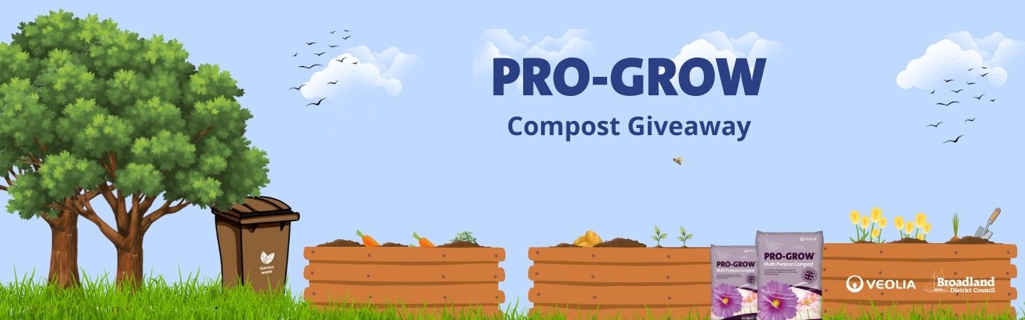 Flower beds with compost bags next to them and a garden waste bin. Text: Pro-Grow compost giveaway