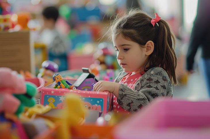 A little girl with brown hair looking through toys