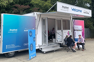 Photo of Help Hub bus, with people taking outside