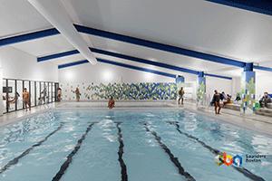 Artist illustration of swimming pool, with people walking around the sides and people swimming