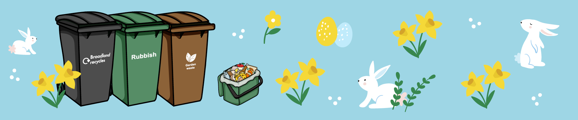 Rubbish, recycling, garden waste and food waste bins with an Easter background