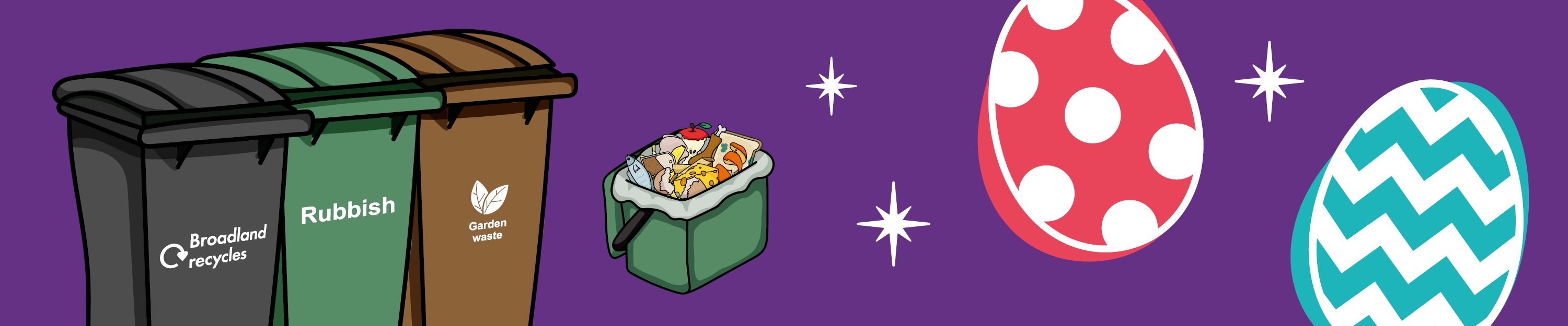 Illustration of rubbish, recycling, garden waste and food waste bins with easter eggs around them