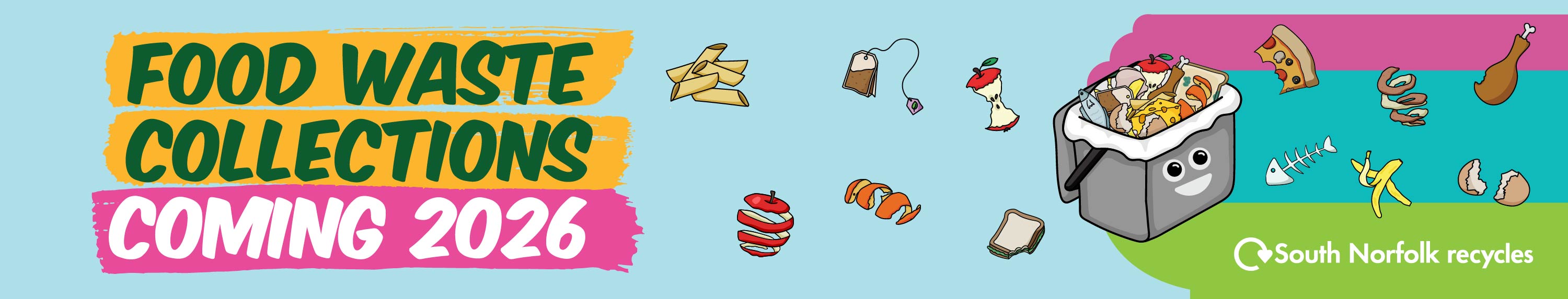 Food waste collections coming 2026. South Norfolk recycles logo