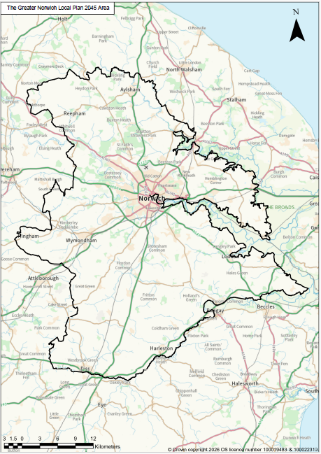 Map of boundary for Greater Norwich Local Plan 2045
