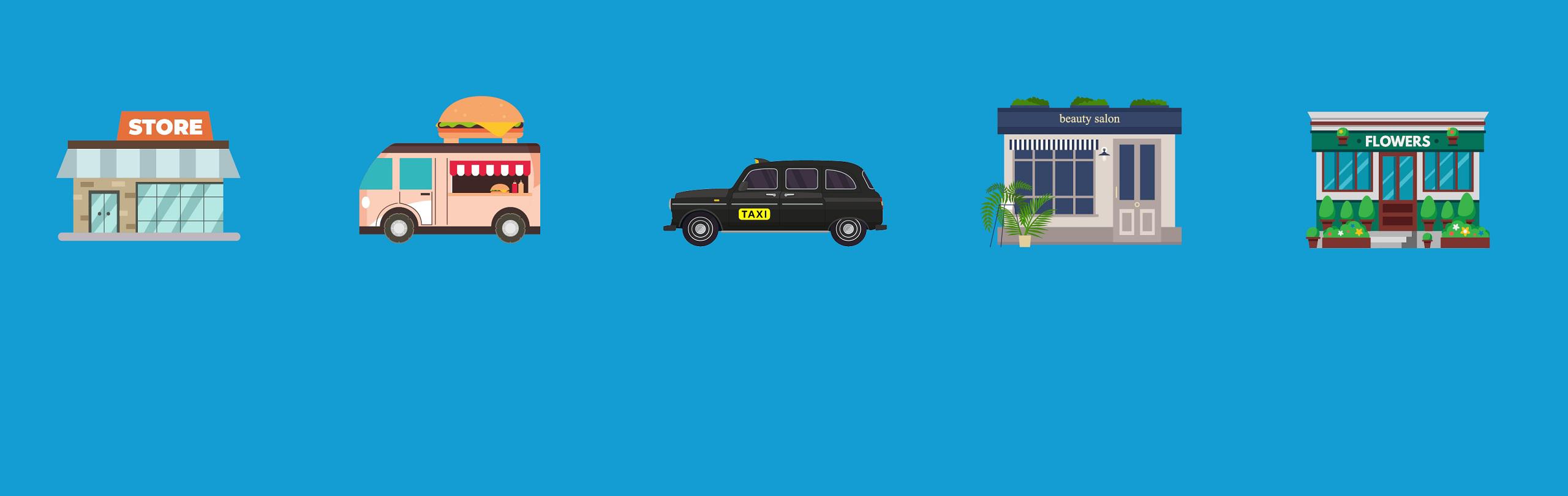 Graphic showing shop, food van, taxi, beauty salon and flower shop