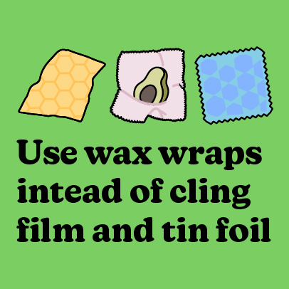 Illustrations of food in wax wraps. Text reads Ditch cling film try tin foil instead