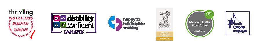 Logos for: Thriving Places Menopause Champion, Disability Confident Employer, flexible working, Armed Forces Covenant, Mental Health First Aider, and Youth Friendly Employer