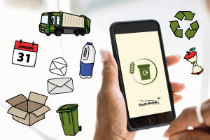 Bin and calendar symbols around a smart phone