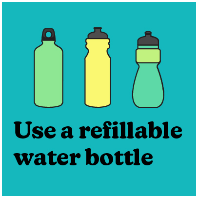Illustrations of reusable water bottles. Text reads: Use a refillable water bottle