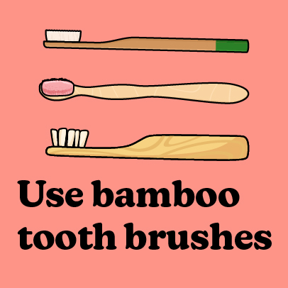 Illustration of bamboo toothbrushes. Text reads: Use bamboo tooth brushes
