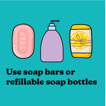 Illustrations of reusable soap dispensers. Text reads: Use soap boars or refillable soap bottles