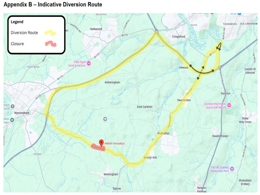 A map showing the indicative diversion route for the associated works and where the road closure will occur.