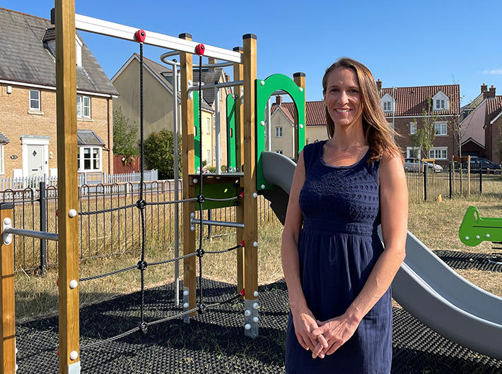 Cllr Kim Carsok at Whispering Oaks play area Wymondham