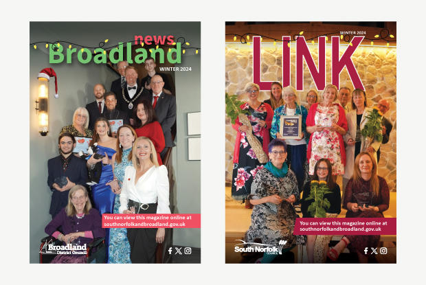 Front covers of the Broadland News and South Norfolk Link featuring members of the community with their awards