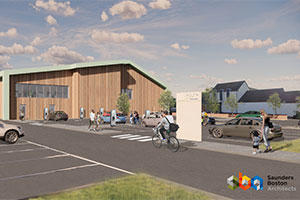 Artist illustration of new Diss Community and Leisure Centre. Wood clad building and big car park.