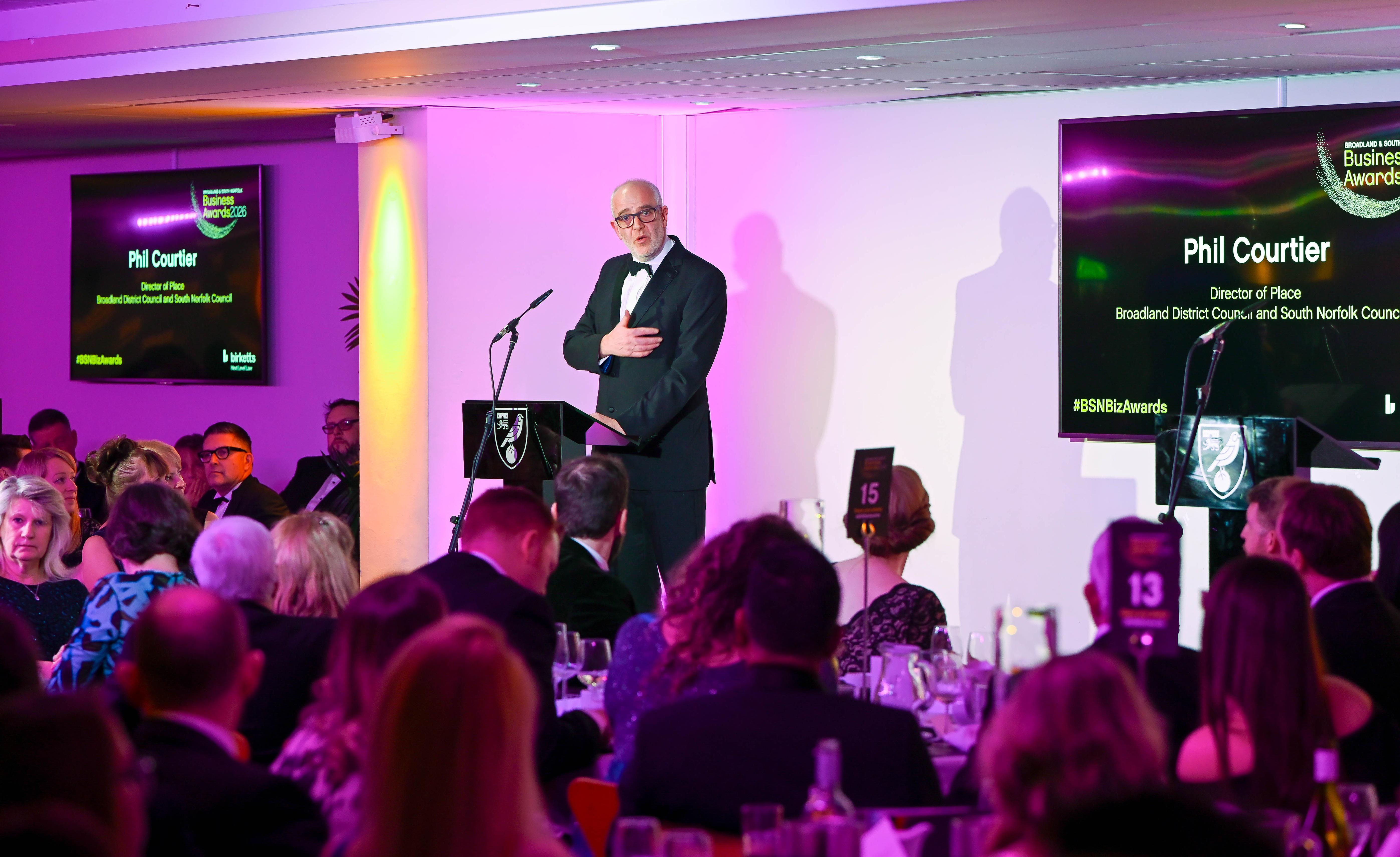 Phil Courtier, Director of Place presenting the 2026 Business Awards