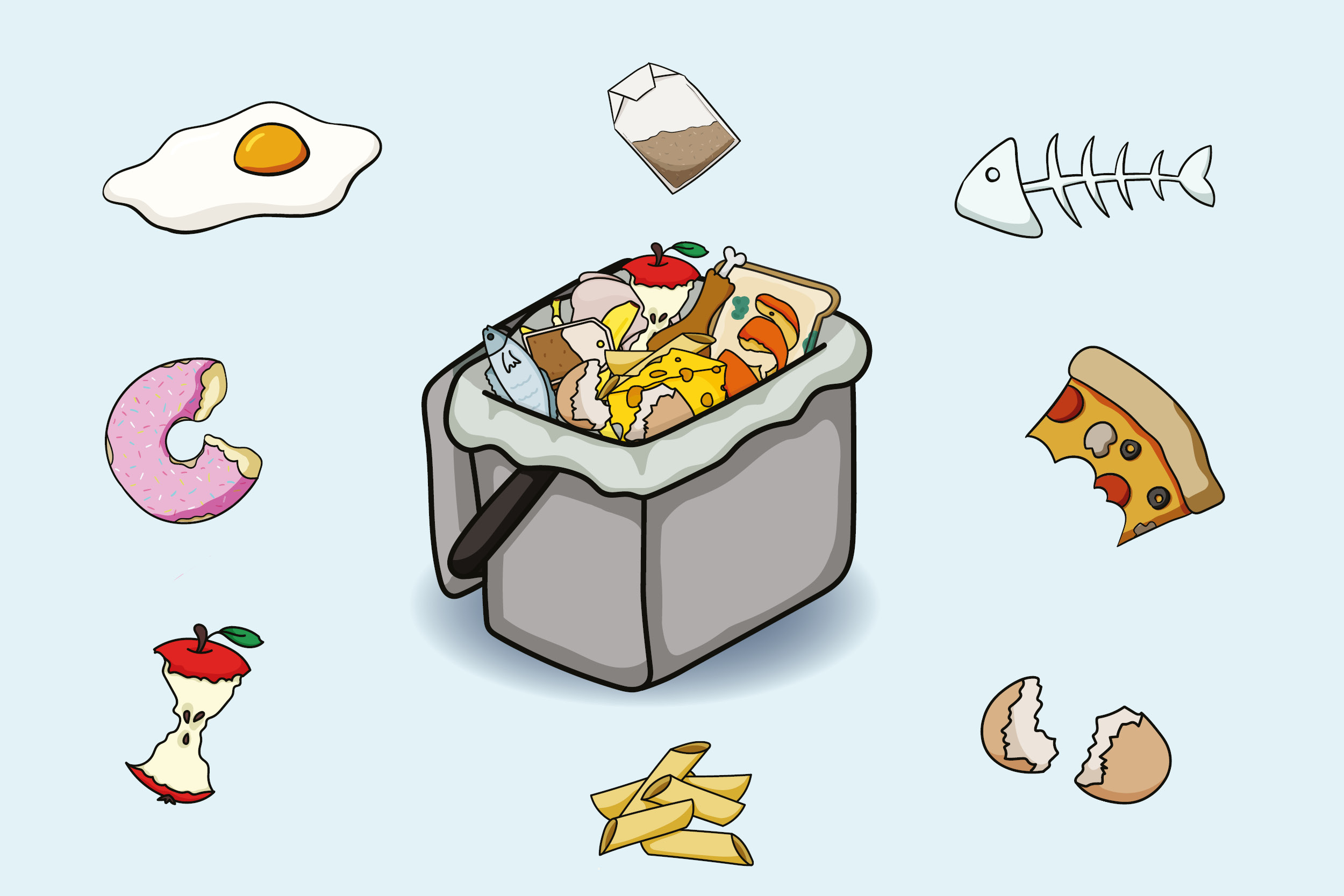 Food waste caddy with food items around it