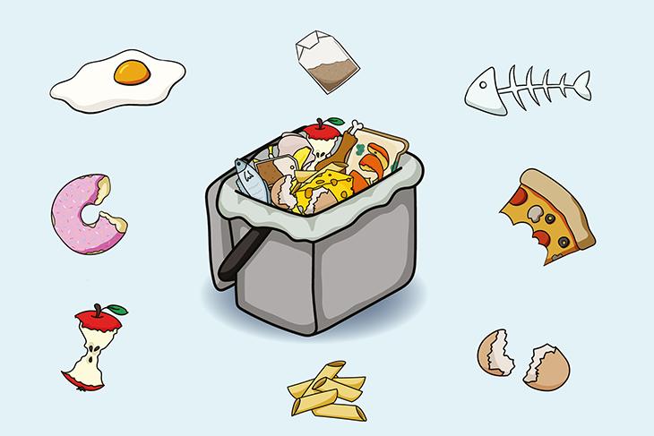 Food waste caddy with food items around it