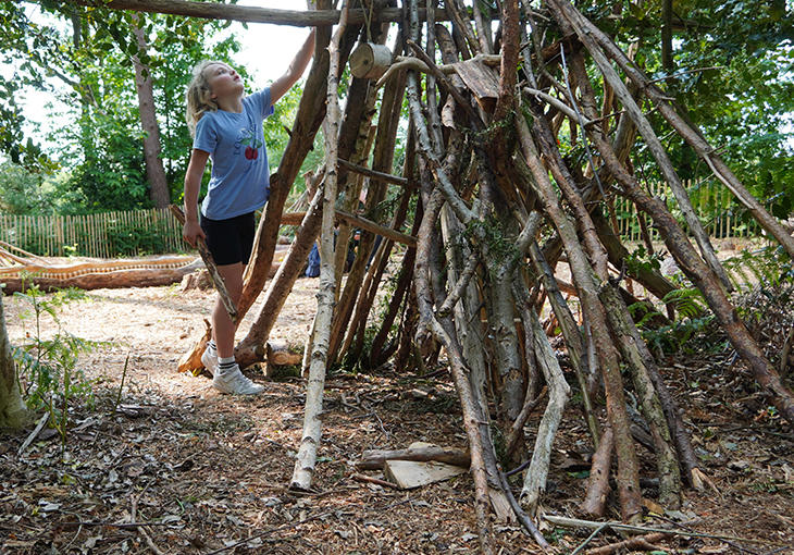 Girl in woods building a den