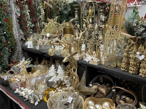 Gold coloured Christmas goodies in a shop
