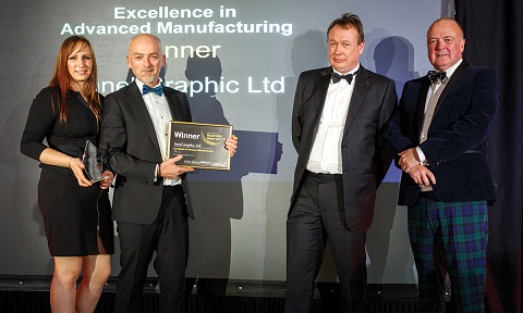 Panel graphic accepting their trophy and certificate for the excellence in advanced manufacturing award
