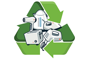 Recycling logo with toaster kettle hairdryer and other electricals