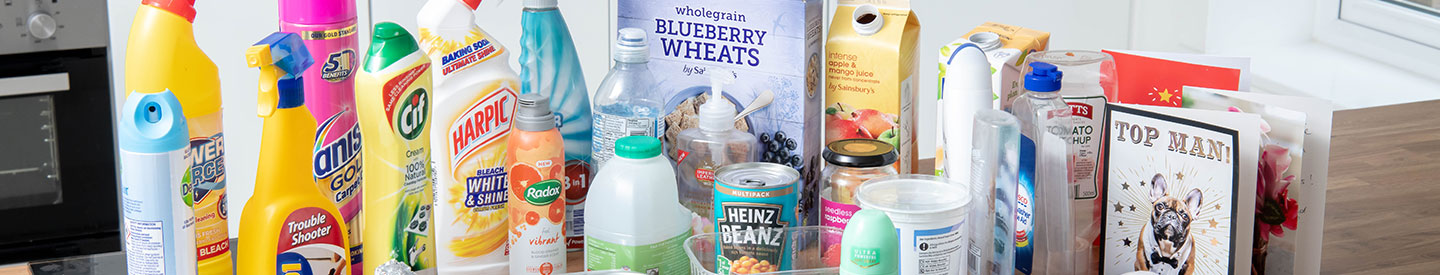 household cleaning bottles drinks cartons cereal boxes and birthday cards that can be recycled