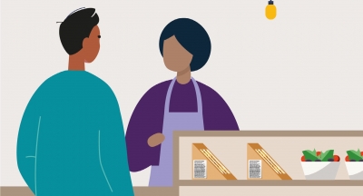 Illustration of a food business speaking to a customer