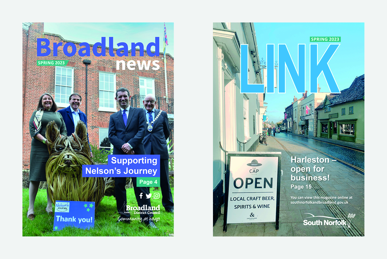 front covers of the link and broadland news magazines spring 2023 editions